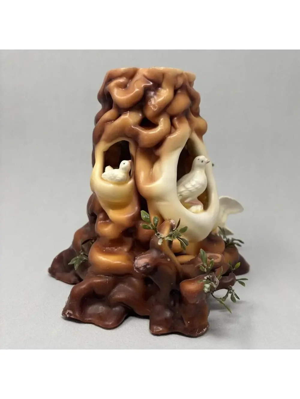 VTG Trunk Stump Candle MCM 70's Molded Wax Tree Middle Earth Woodland Doves 6.5